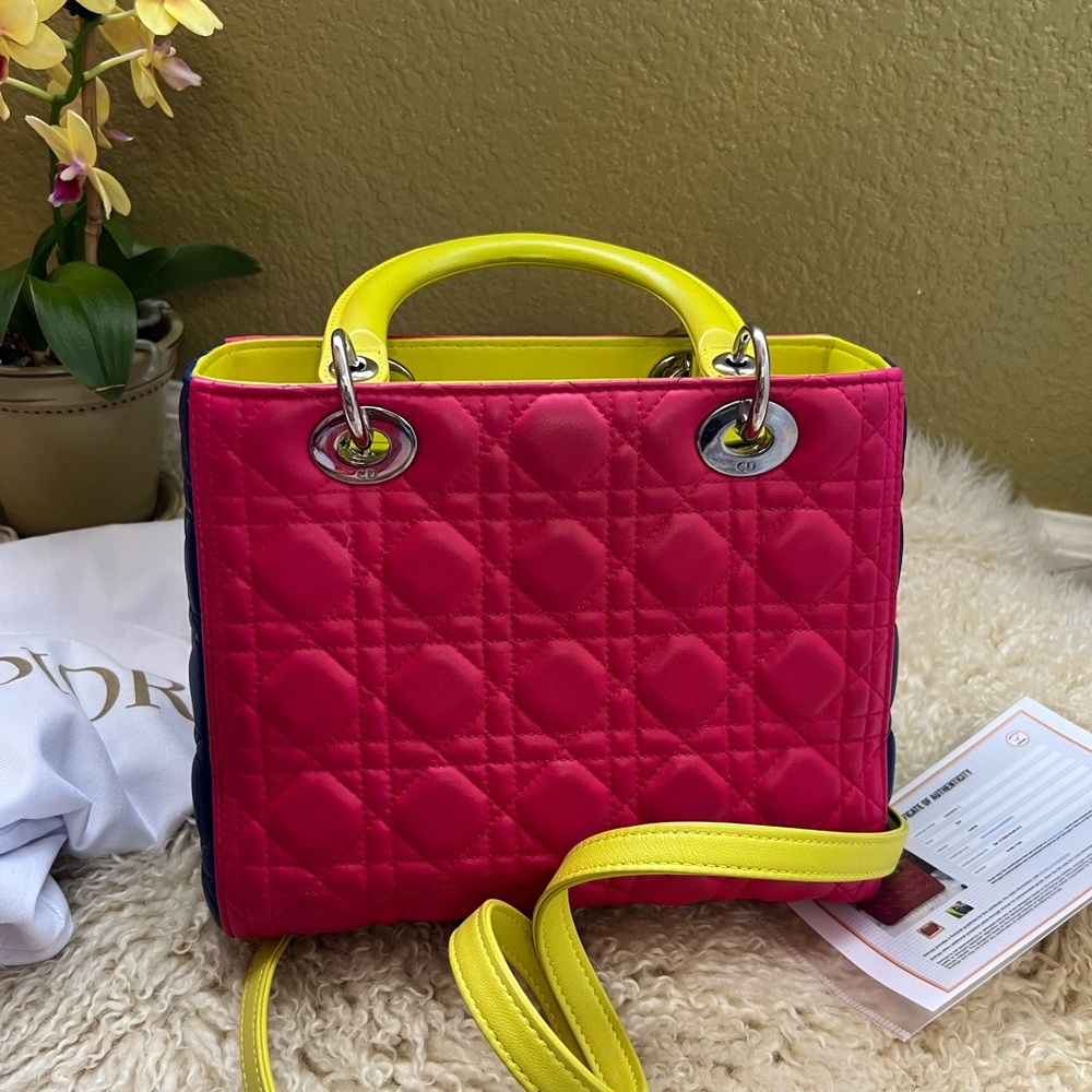 Lady Dior Pink, Blue and Yellow Satchel Bag **EUC
With COA